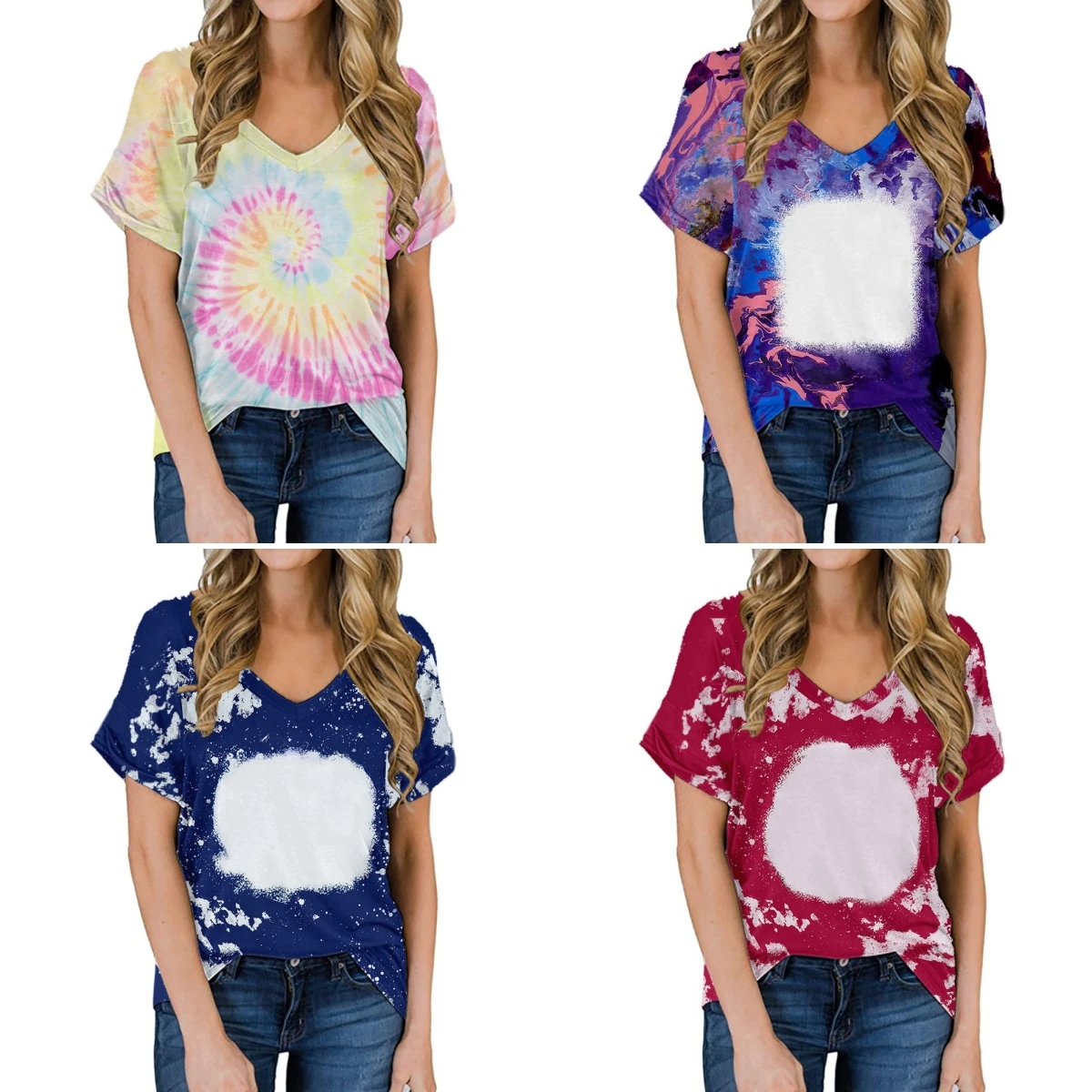 Summer V-neck Color Tie-dye Thermal Sublimation Blank Top Short-sleeved Wholesale Polyester Fashion T-shirt