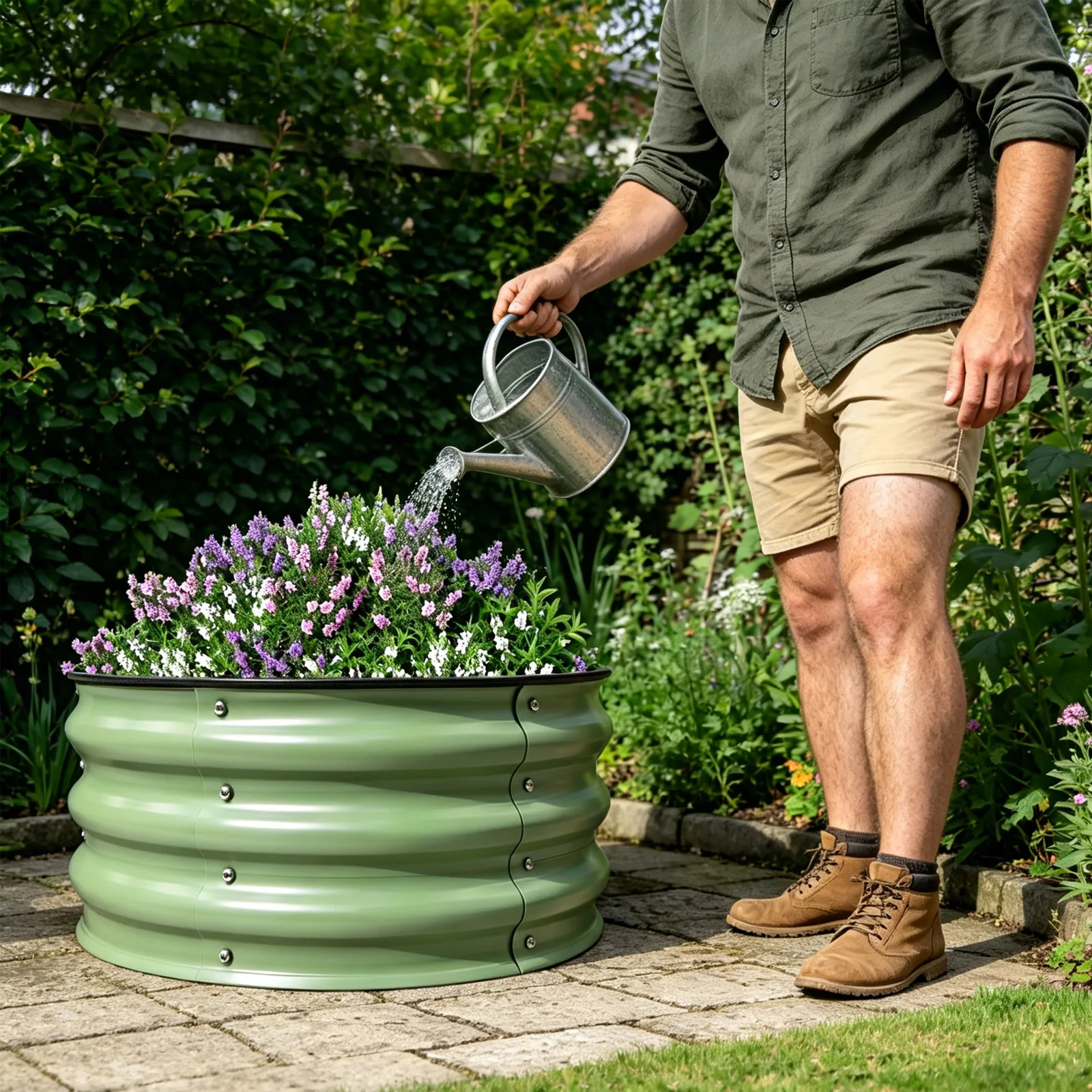 60*28cm Light Green Round Metal Planter, Raised Garden Bed With 6 Flowerpot Metal Plate, Raised Planter Box For Planting