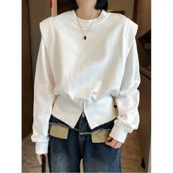 Pure Cotton Flying Sleeve Design Sense Niche Hoodie Female 2024 Spring New Loose Round Neck Insert Solid Color Long Sleeved Tops