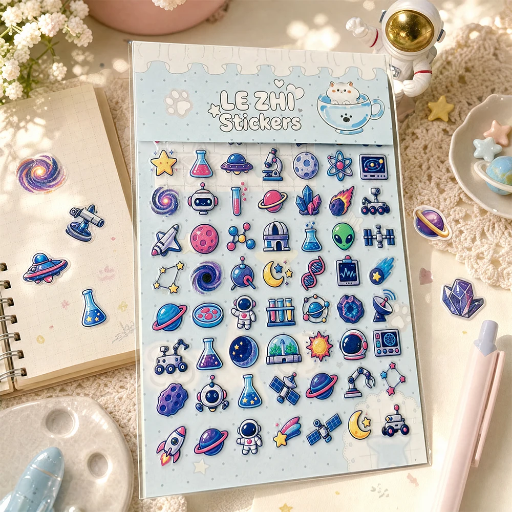 LEZHI Cute Kawaii Stickers Sheet PVC Waterproof Space Planet Fruit Carnival Theme Diary Scrapbook Journaling Decoration Supplies