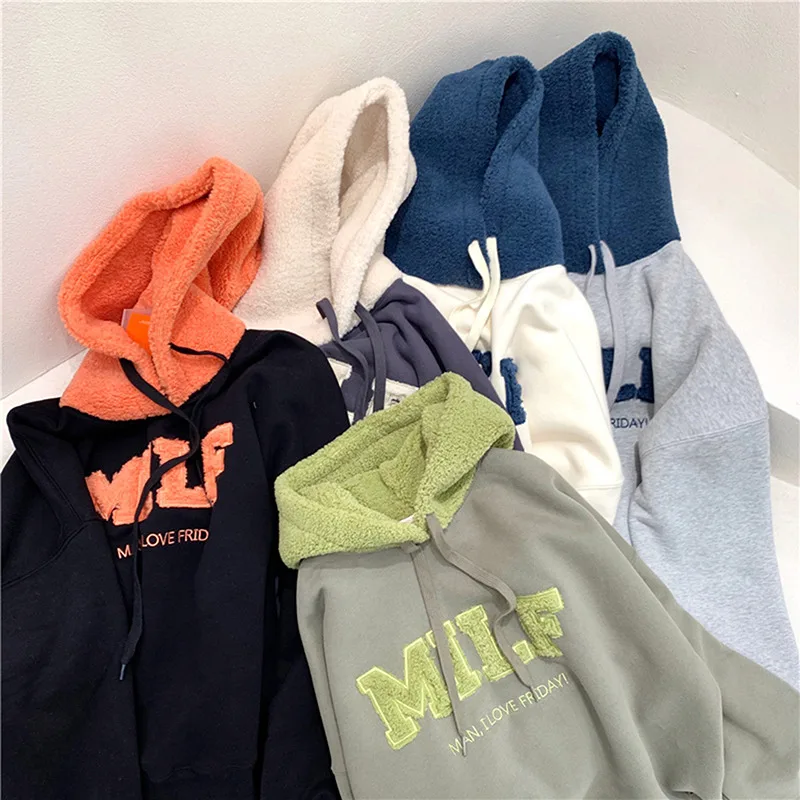 Fashion Patchwork Oversize Sweatshirt Women Winter Casual Loose Cotton Thick Letter Long Sleeve Hoodies Female Streetwear