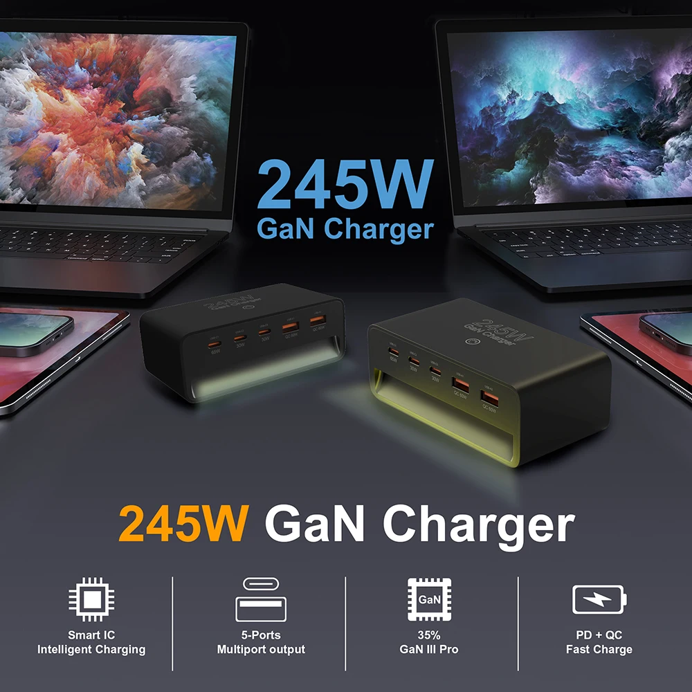 245W GaN Ladegerät 5-in-1 Desktop-Schnellladegerät mit Nachtlicht für iPhone 17 16 15 14 Pro Max Samsung Tablets iPad Mobiltelefone – Detail 1