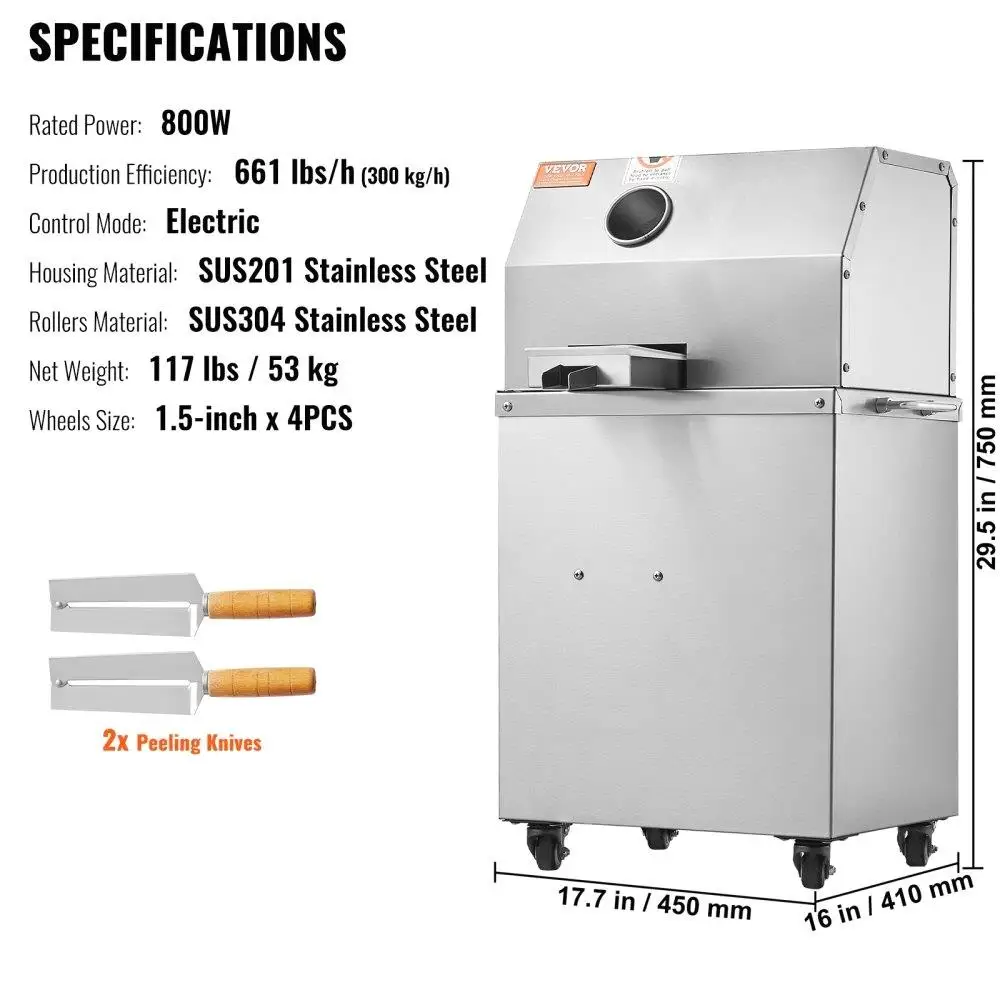 عصارة قصب السكر الكهربائية 800 وات 661LBSH 3 بكرات من الفولاذ المقاوم للصدأ 24 مدخل كبير على عجلات للمنزل التجاري