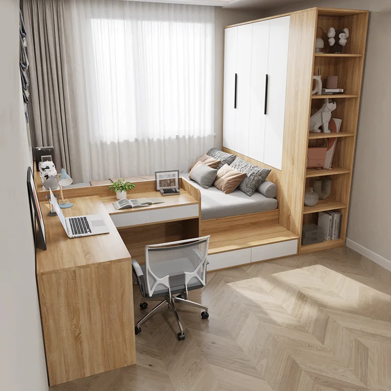 Small apartment high box tatami with desk bed wardrobe integrated bed combination board small room multi-function single bed