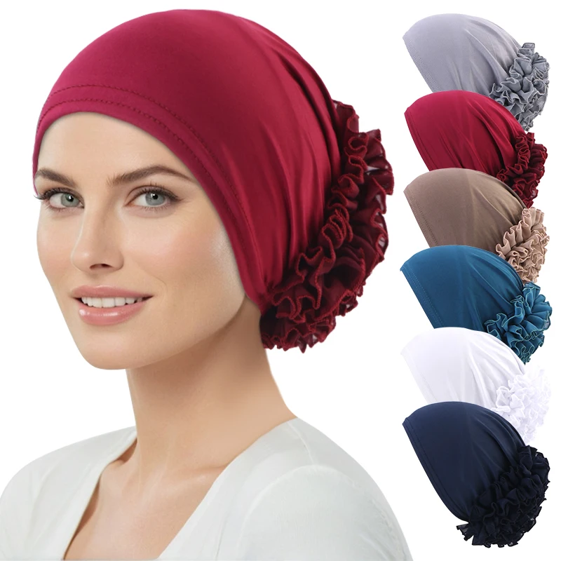 Gorro de gasa elástico transpirable para mujer con flores grandes, gorro inferior fino de color sólido, envoltura para la cabeza islámica, Bandana africana