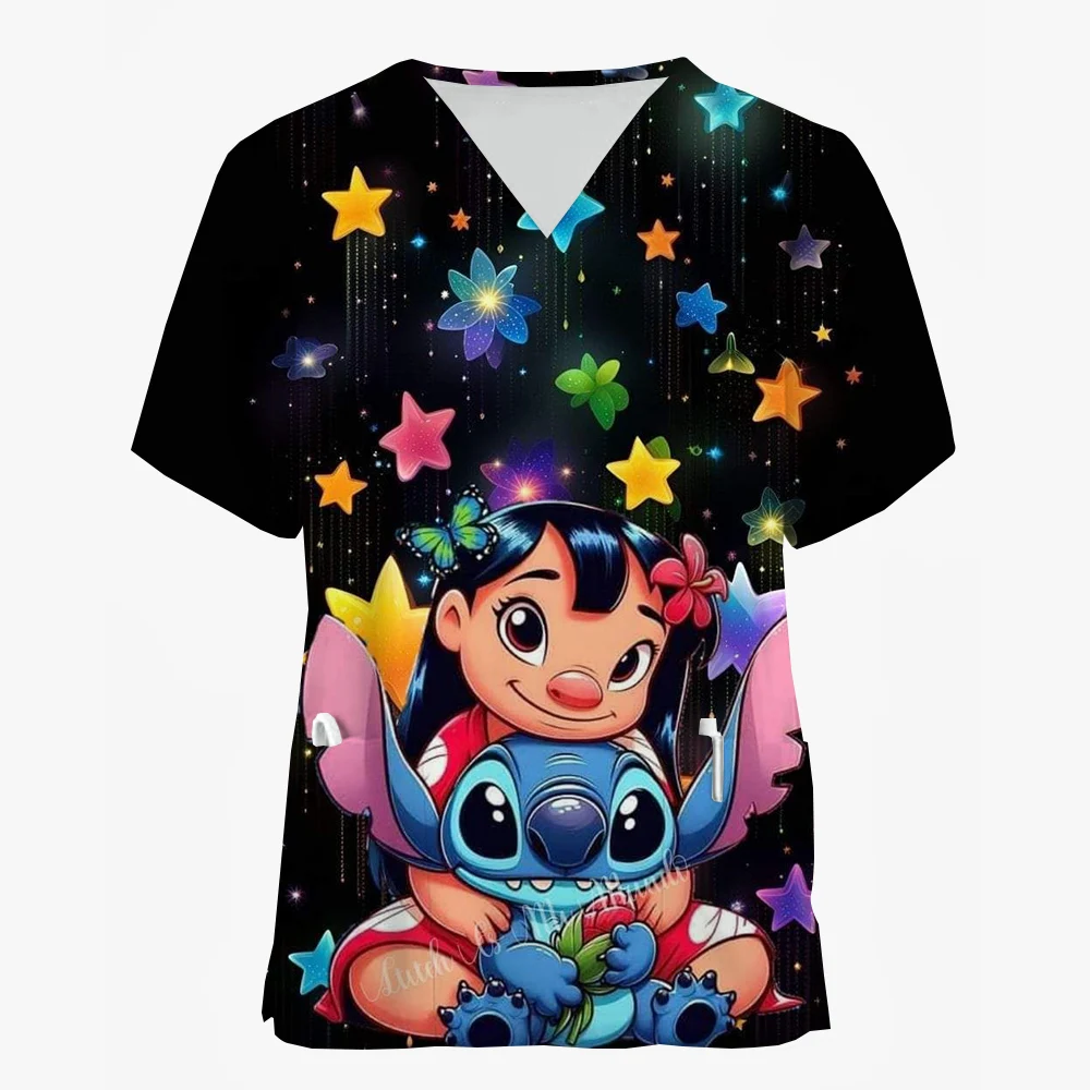 Uniformes d'infirmière College pour femmes, chemisier médical, salopette, manches courtes, col en V, joyeux Noël, Disney Stitch