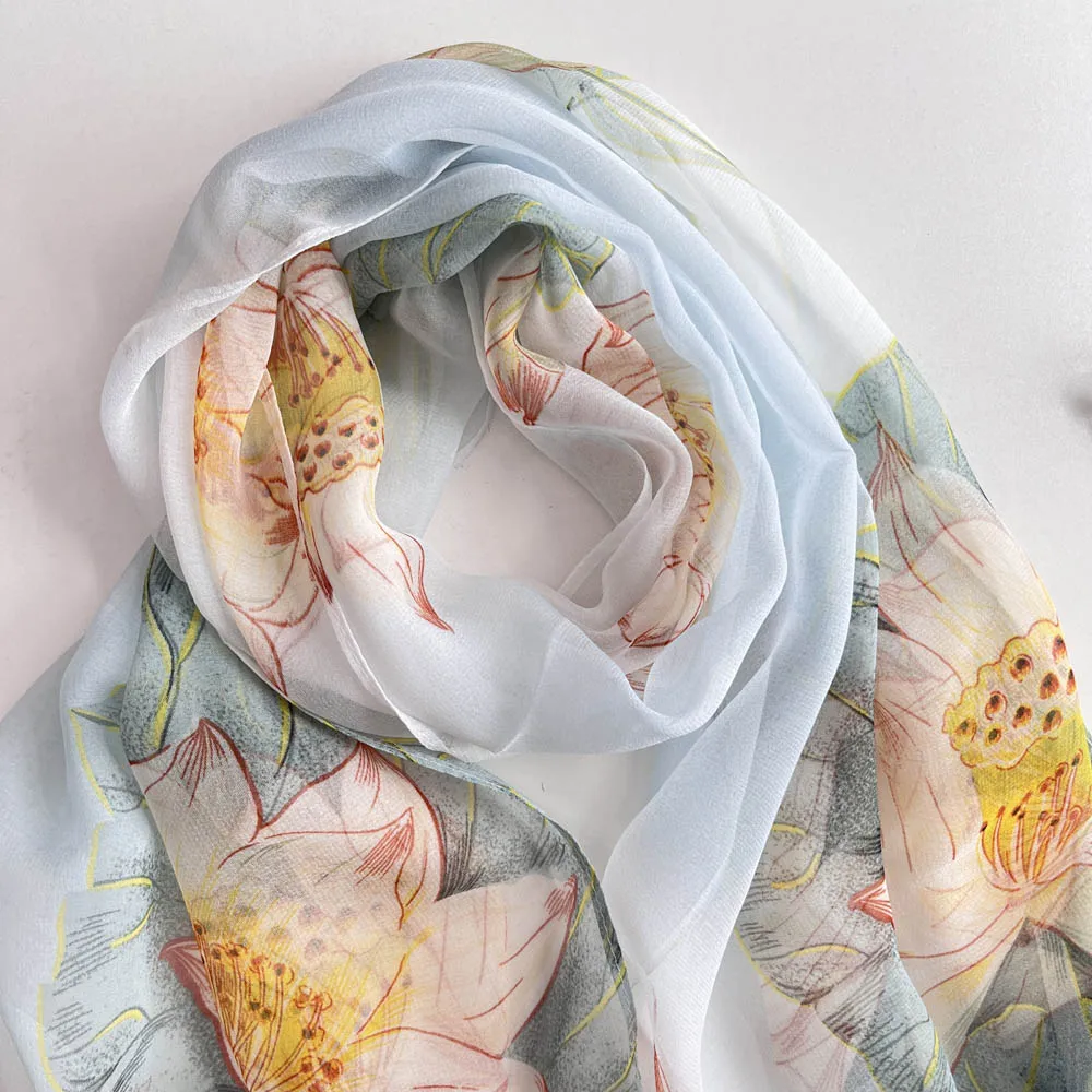 Gradient Lotus Print Scarf Pretty Women Elegant Chiffon Georgette Bandana Scarf Summer Beach Sunscreen 50*160cm