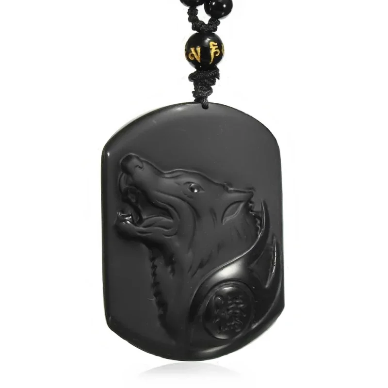 Vintage Obsidian Wolf Head Amulet Pendant Engraved Necklace for Men and Women Lucky Amulet Fashion Jewelry Gift