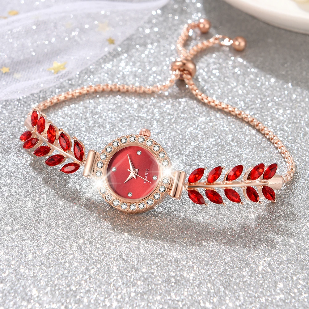 6PCS/Set Women Red Watch Fashionable Luxury Red Dial Quartz Wristwatch Alloy Strap Watch Red Gemstone Jewelry Set Gift For Mom