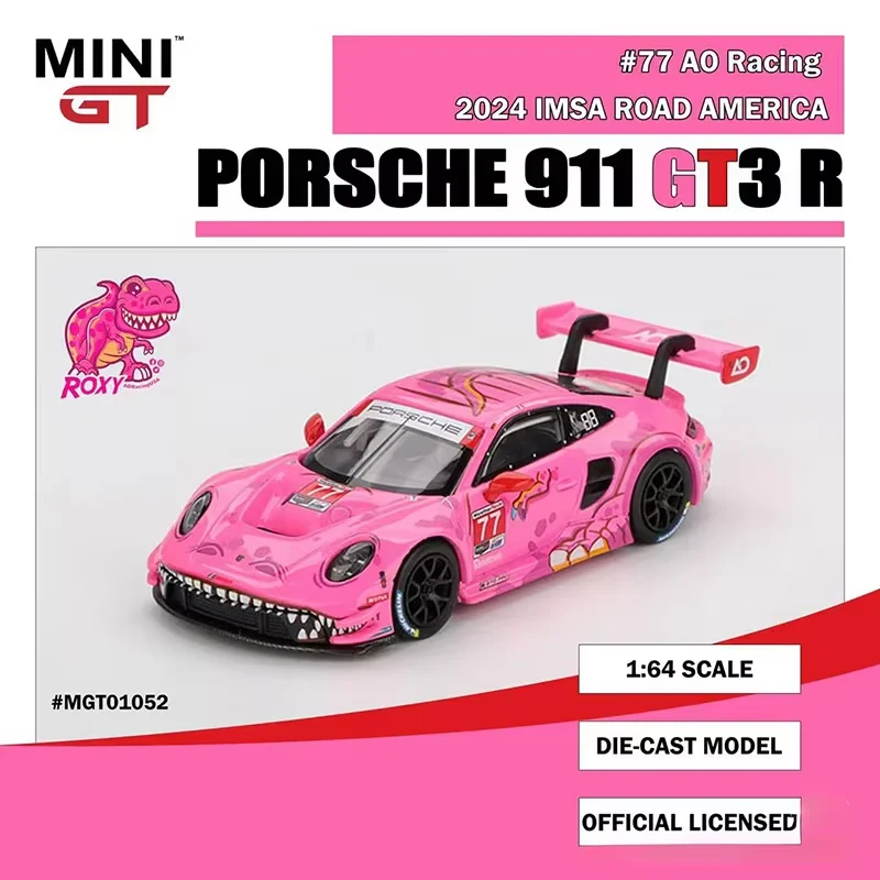 MINIGT 1:64 Porsche 911 GT3 R # 77 AO dinosaure rose à oreilles rouges IMSA modèle de voiture 1052