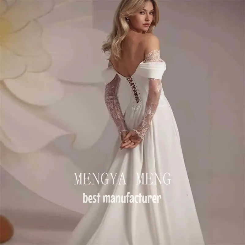 ZHUISHU Elegant Ivory Pleat Satin Wedding Dress Scoop Neck Customized Photoshoot Lace Long Sleeve Bridal Gown Sweep Train Corset
