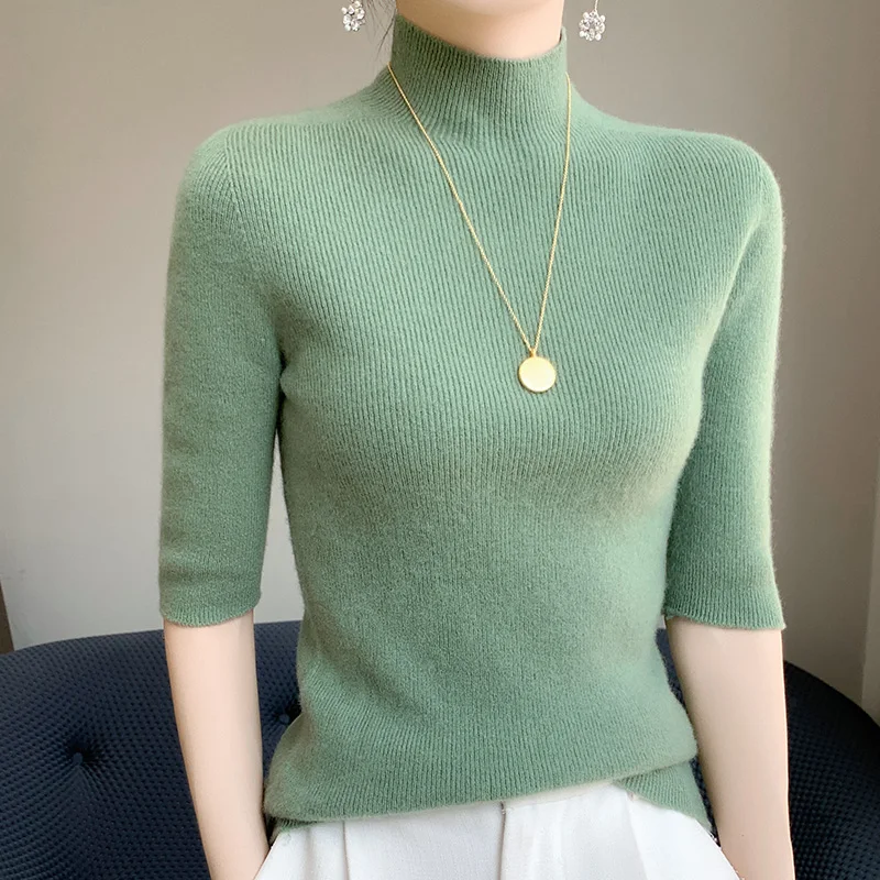 100% pure wool five-point sleeve women's semi-high collar with slim autumn and winter new fashion knitted bottoming shirt.