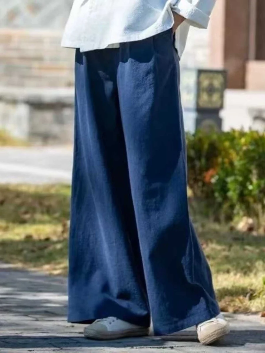 Pantaloni di lino in cotone a gamba larga a vita alta Pantaloni lunghi larghi da mamma con taglio dritto artistico da donna Primavera Autunno taglie forti