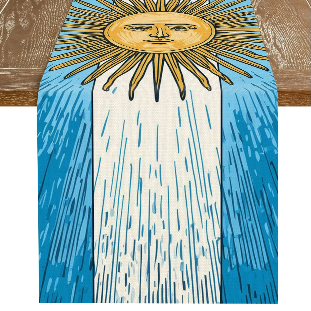 1 Piece of Blue and White Vertical Striped Football-Themed Argentinian Sun God Statue Art Table Runner, Suitable for Farmhouse, Indoor, Kitchen, Celebrations, Table Decoration, Restaurant, and Banquet Decoration Supplies
