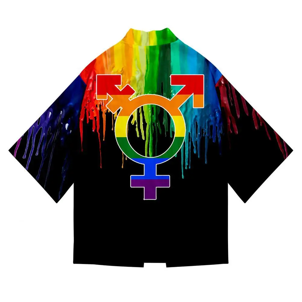 النمط الياباني كيمونو هاوري الرجال النساء سترة قوس قزح العلم مثليات المثليين الملابس اليابانية التقليدية الملابس قميص الآسيوية