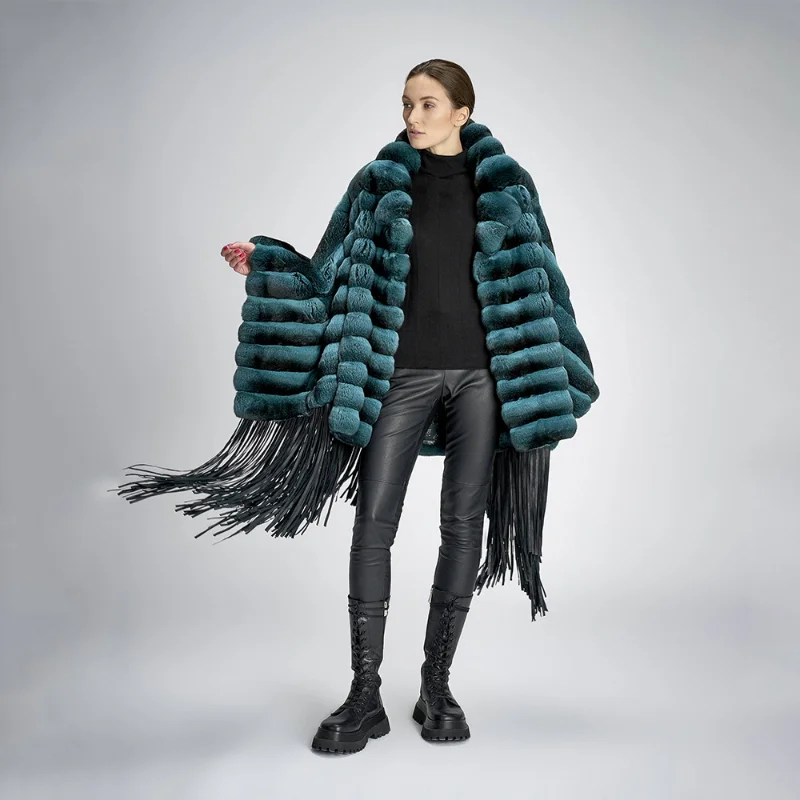 Detachable Leather Strip Tassel Rex Rabbit Fur Coat Women Winter Fashion New Natural Real Chinchilla Fur Jacket Female