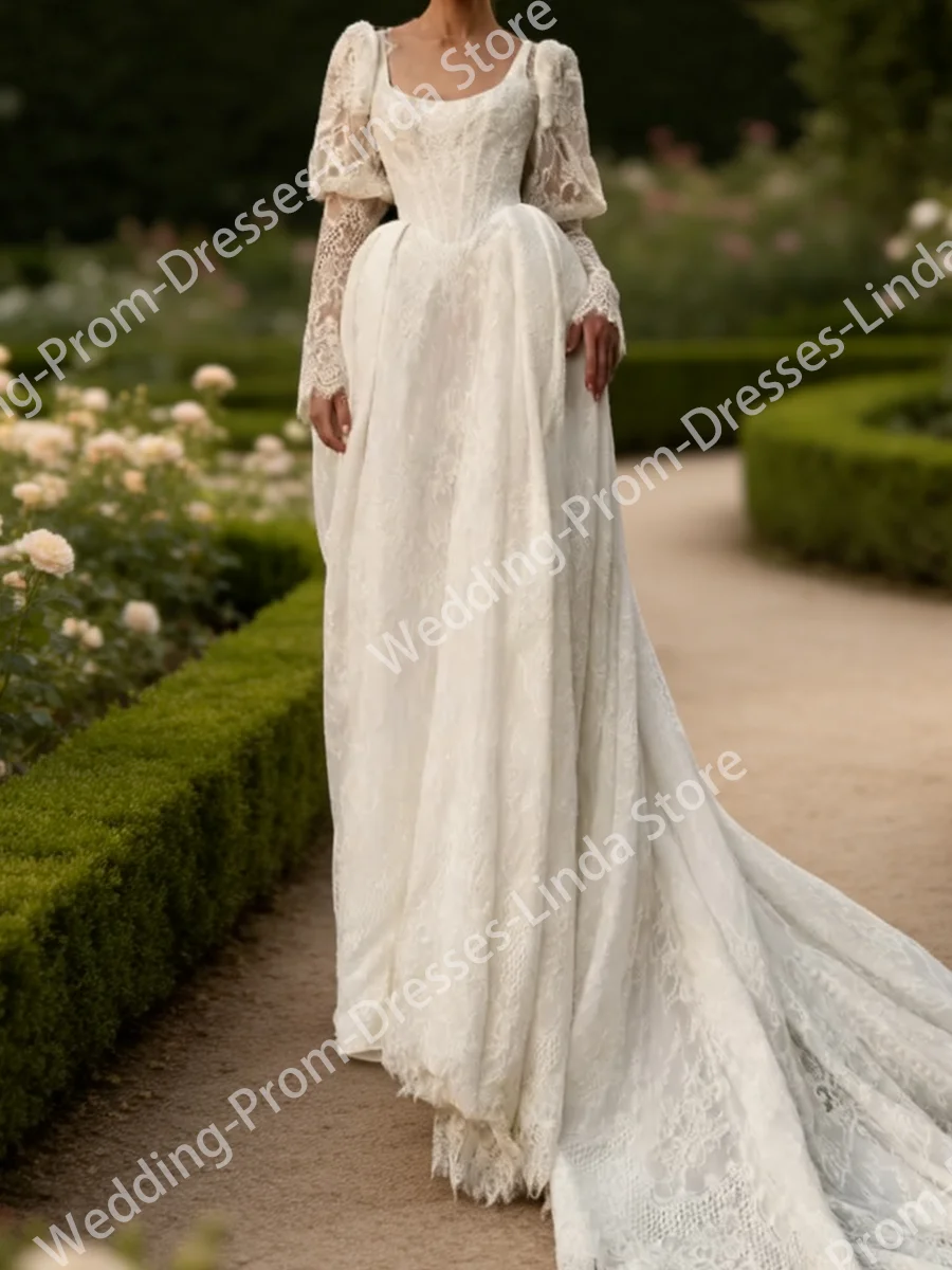 Elegant Scoop Collar Lace Puff Sleeve Basque Straight Bride Wedding Dresses Bridal Gowns Customized