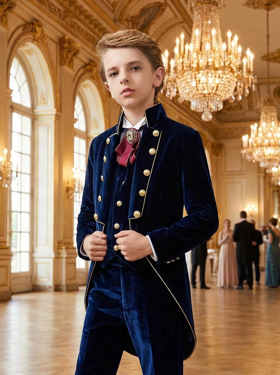 Velvet Boys Suits 3 Pieces Long Navy Blue Formal Blazer Vest Pants Kids Tailcoat Elegant Performance Children Tuxedos