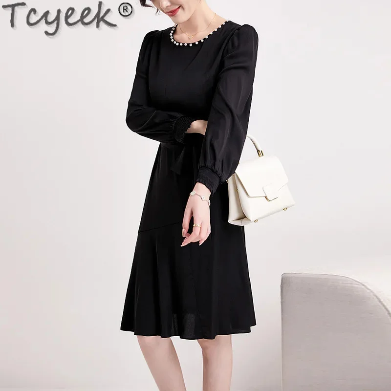 

19MM Tcyeek Real Elegant Long Sleeve es Spring Summer es for Women 92.3% Mulberry Silk Black Dress 2024