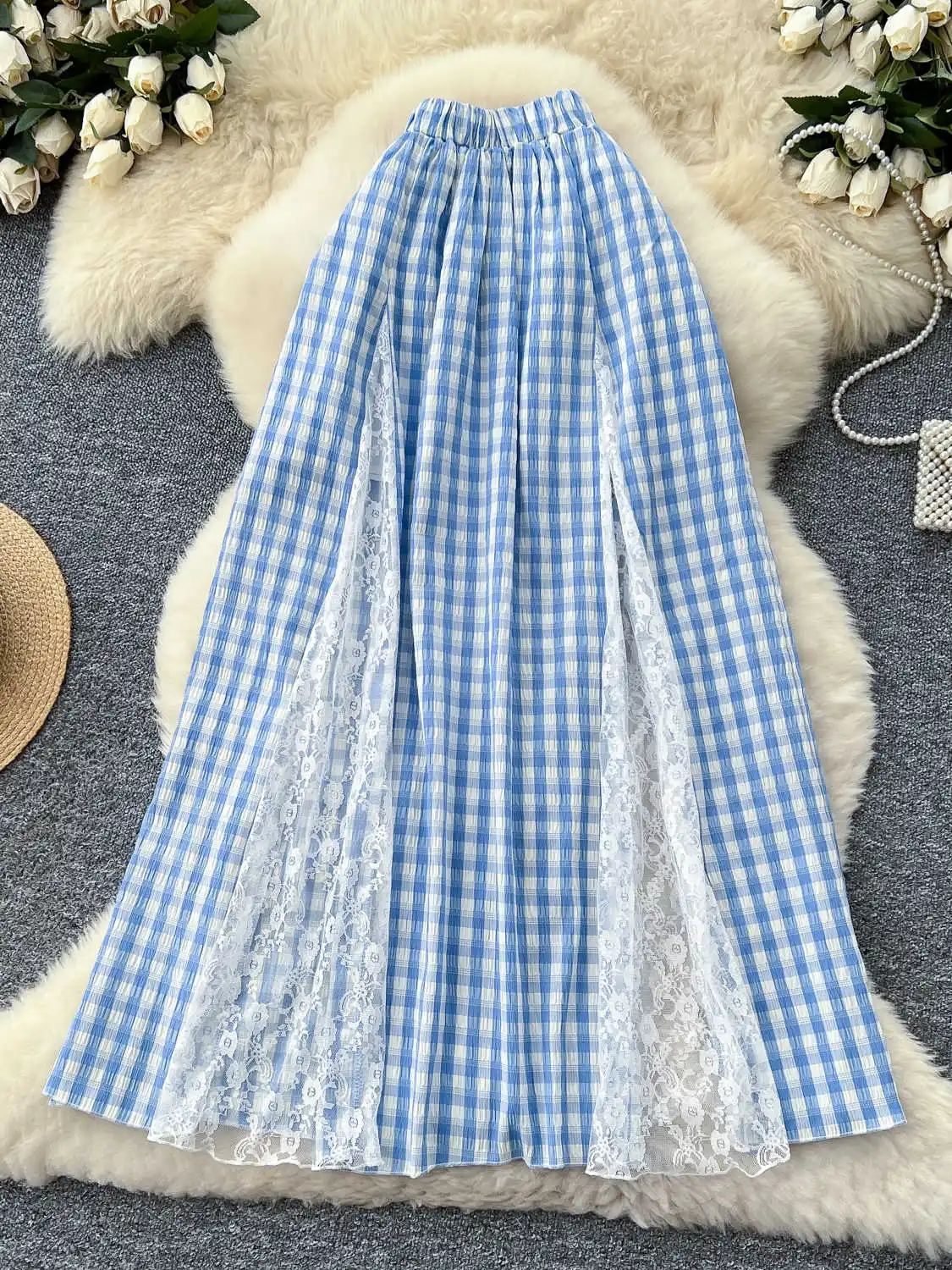 

Women Blue Plaid A-line Long Skirt Vintage Y2k Mori Girl Skirt Harajuku Lace Patchwork Skirts 2000s Cutecore Clothes Summer 2025