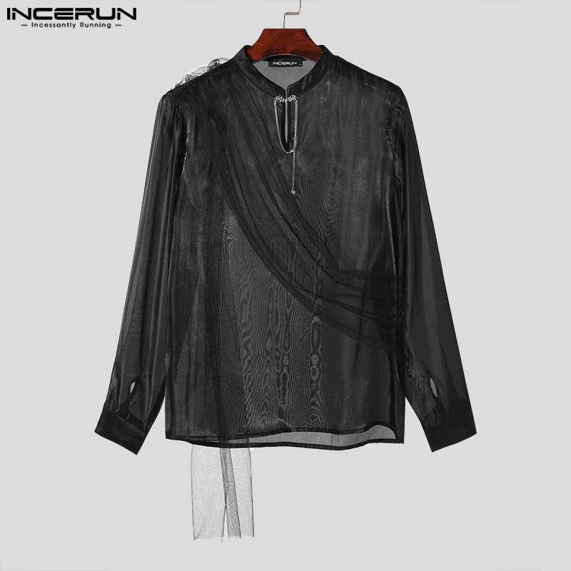 INCERUN Men Shirt Solid Color Mesh Transparent Stand Collar Long Sleeve Men Clothing 2024 Streetwear Casual Male Shirts S-5XL