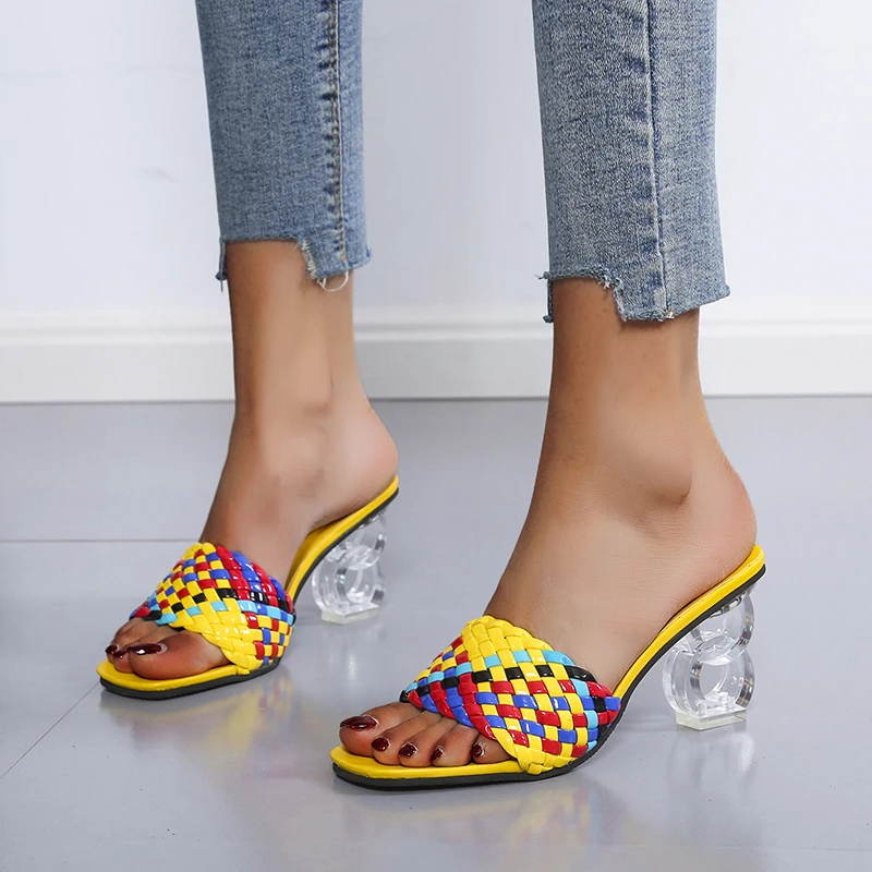 

Plus Size Women's Woven Design High-heeled Slippers Summer New Thick Colorful Woven Anti-slip Fashion Open-toed Slippers.