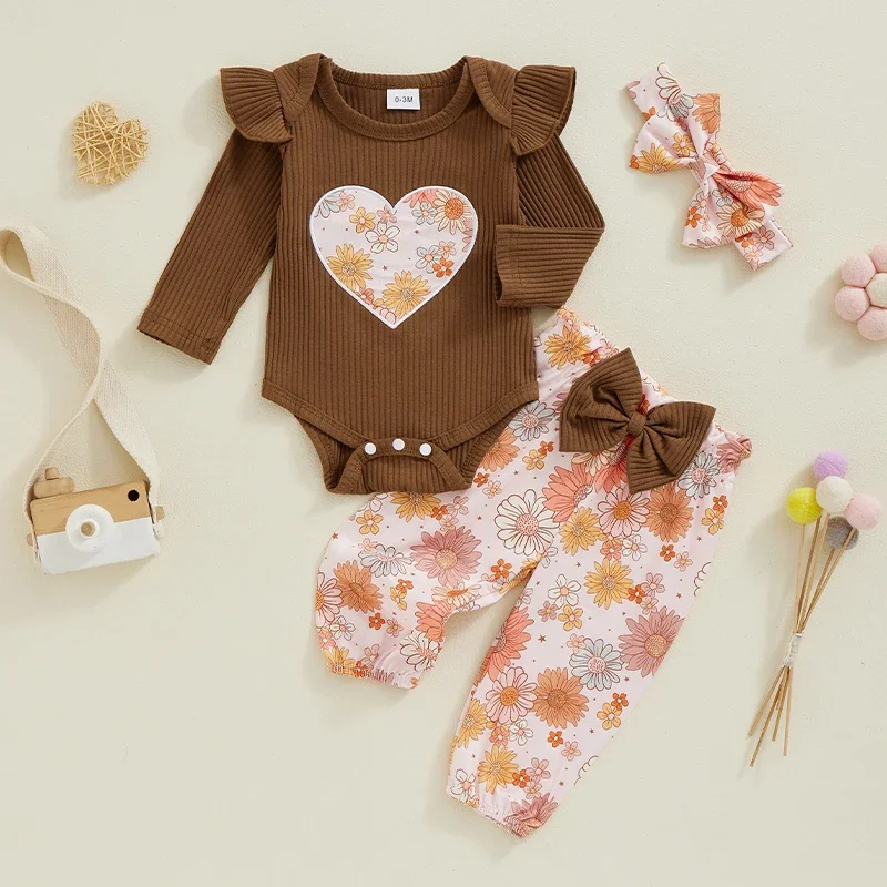 Toddler Baby Clothing Girl Spring Autumn Floral  Long Sleeve Bodysuits + Elastic Pants and Headband Newborn Clothes Sets