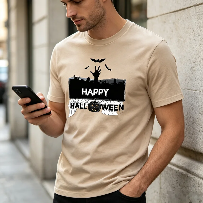 Happy Halloween T-Shirt Bat Haunted House Spooky Season Tee Casual Fall Streetwear for Men Women Halloween Party Costume Top