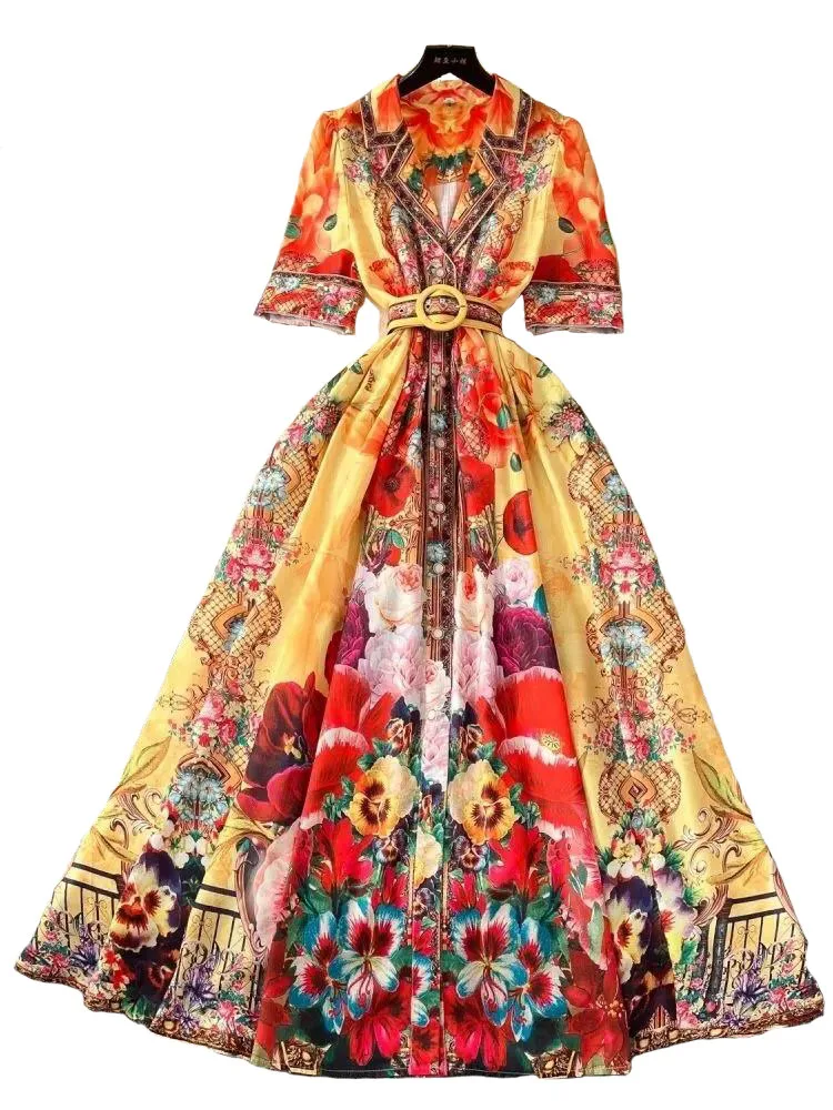 Robe bohème à fleurs de luxe pour femmes, robe bohème, crantée, trempée, simple boutonnage, manches courtes, maxi longue, robe de soirée éducative, printemps, été, 2025