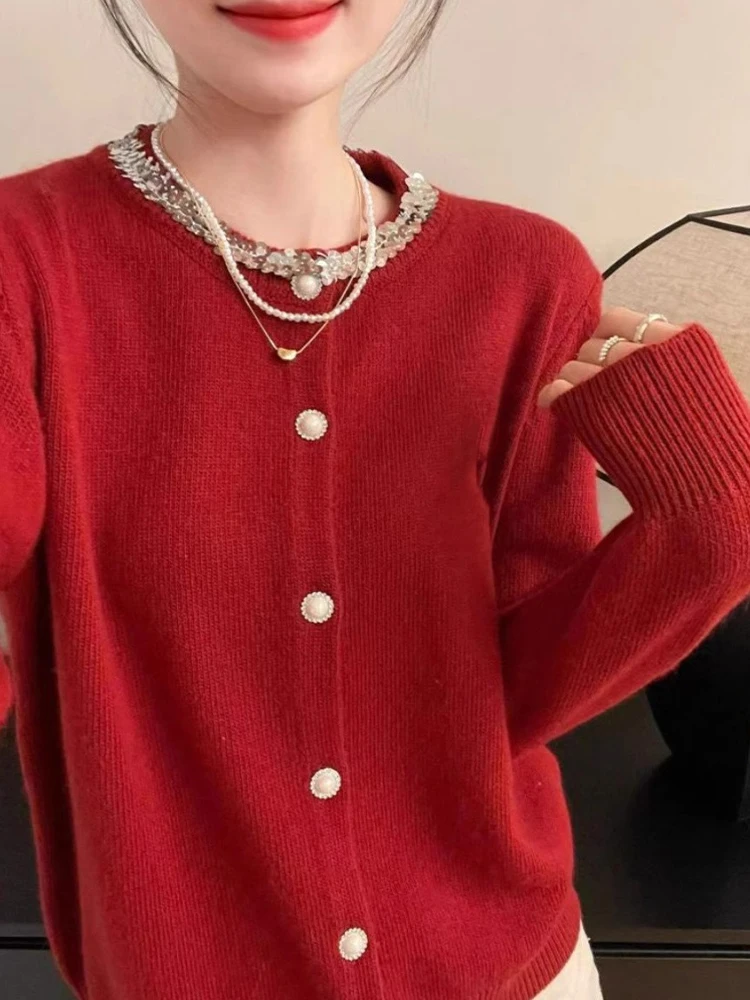 

Autumn Winter Glitter Knitwear Heavy Embellied Long Sve Women's Single Button Design Sensation Super Beautiful Sweater