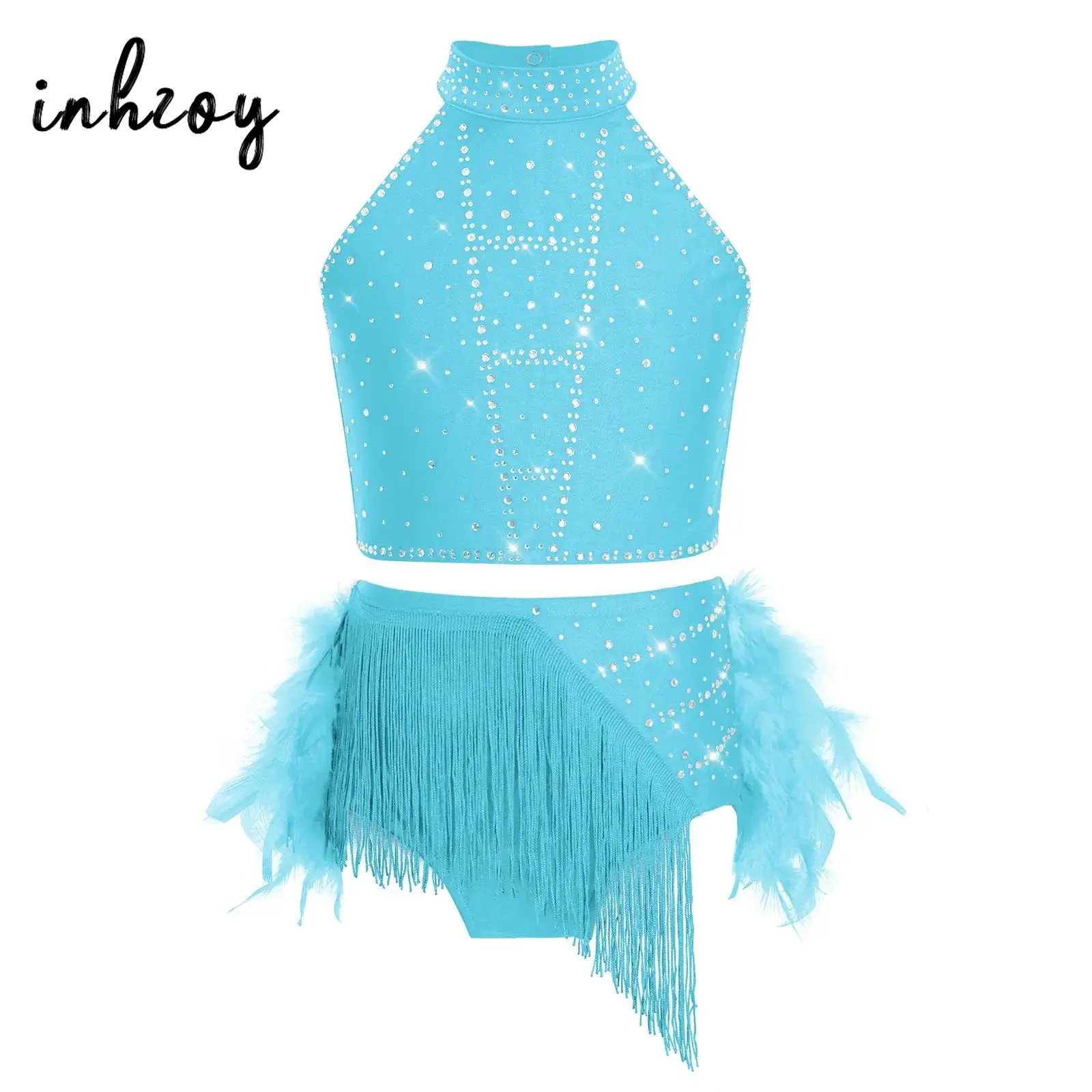 

Детский костюм для латиноамериканских танцев (самба, румба, чача) для девочек, 2 предмета: укороченный топ на бретельках с бахромой и юбка с перьями.