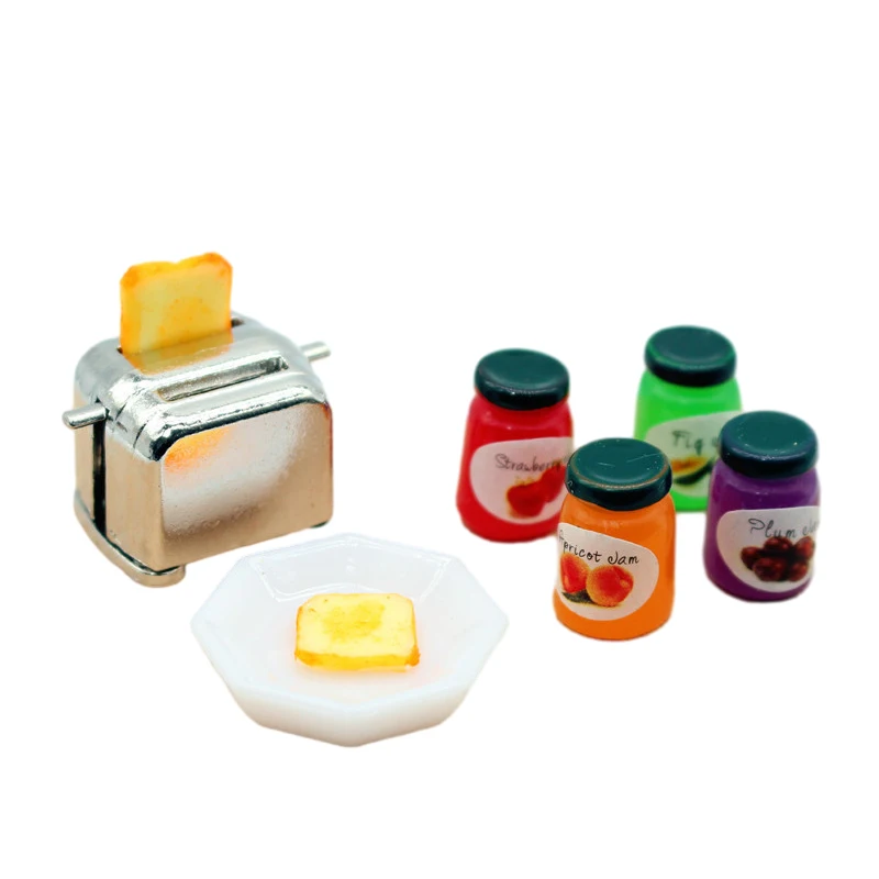 1 Set 1:12 Miniature Dollhouse Bread Machine Bread Jam Dinner Plate Combination Model Kitchen Scene Simulation Toys Accessories