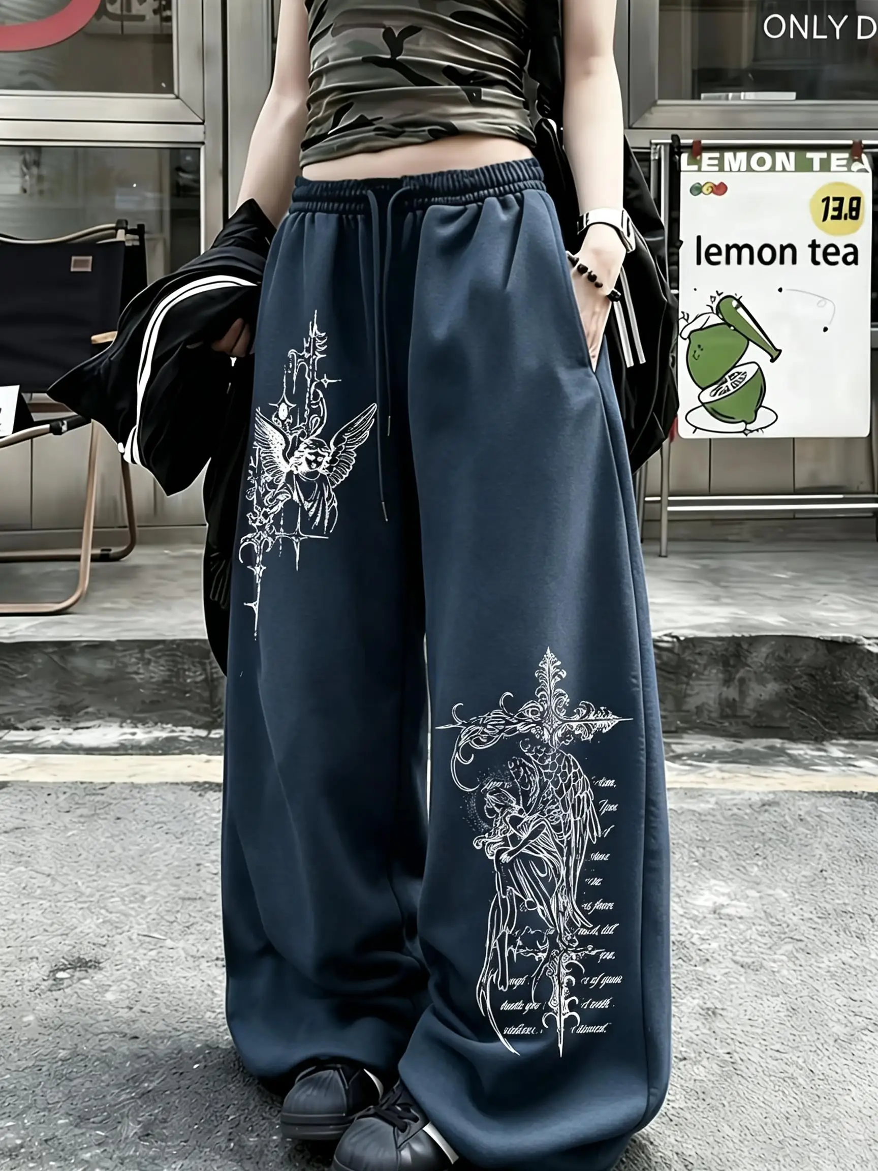 Halloween Women Gothic Angel Cross Print Wide Leg Sweatpants Elastic Drawstring Loose Streetwear Trousers