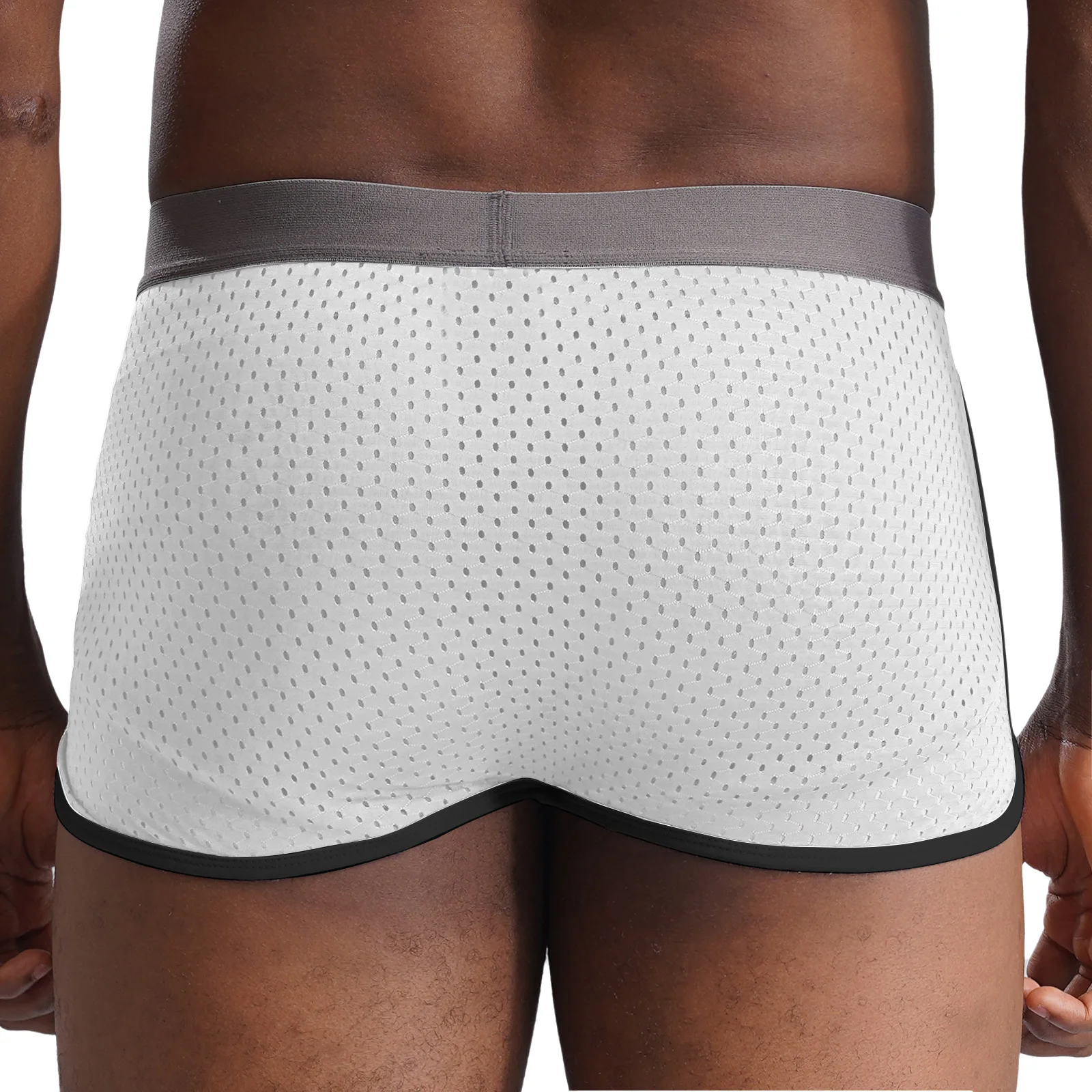 Men Hollow Out Mesh Boxer Shorts Reversible Underwear U Bulge Pouch Side Stripe Side Split Athletic Workout Casual Shorts