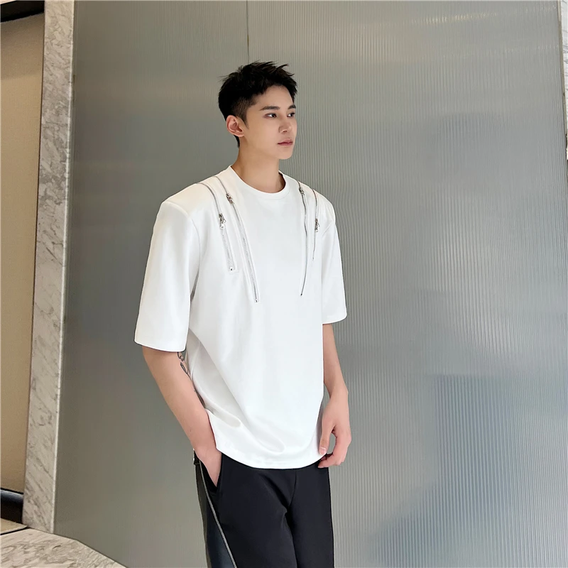 Korean Fashion Zipper Decoration T-shirt Men Short Sleeve Loose Oversized Tshirt Hip Hop Harajuku Streetwear Tee Tops 2023