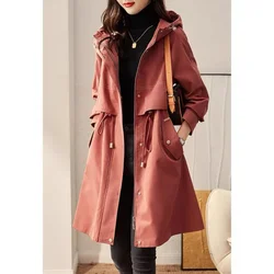 Long-sleeved Pockets Stitching Zipper Hooded Waist Drawstring Long Coat Women's Spring and Autumn Korean Style Fashion Coat New