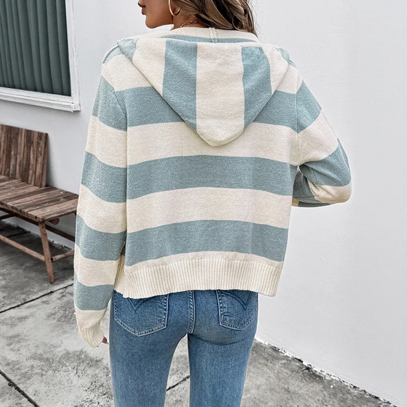 Cardigan feminino suéteres casacos com capuz zíper manga cheia listrado y2k streetwear jaquetas elegantes malha aberta stith outono inverno