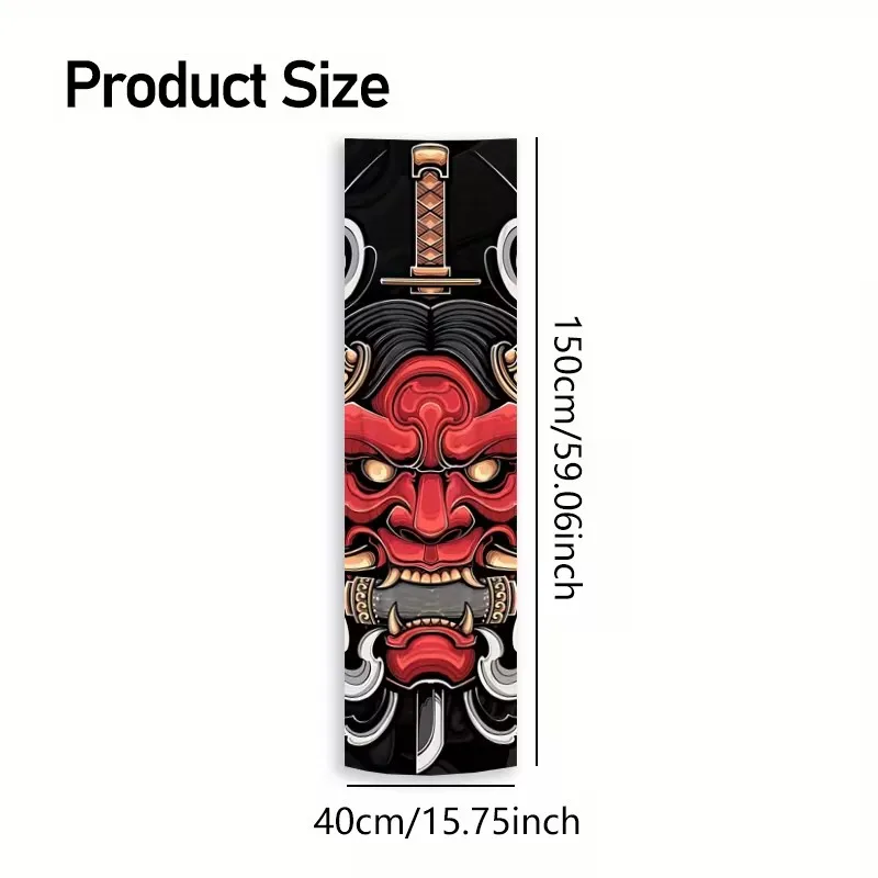 1 Piece Japanese Oni Demon & Katana Vertical Tapestry This striking red-and-black wall hanging centers on a traditional Oni mask