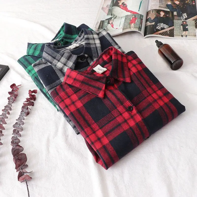 Red Plaid Vintage Short Polo-Neck Long Sleeve Single Breasted Women\'s Blouse Shirt Korean Fashion Female Clothing Tops Autumn