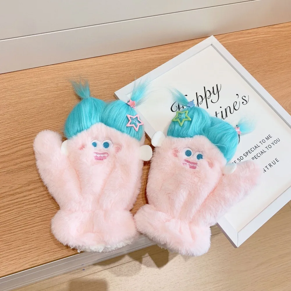 Novelty Cartoon Design Gloves Hair Cover Unique Shape Double Ponytail Gloves Thick Warm Winter Hand Warmer Outdoor Activities