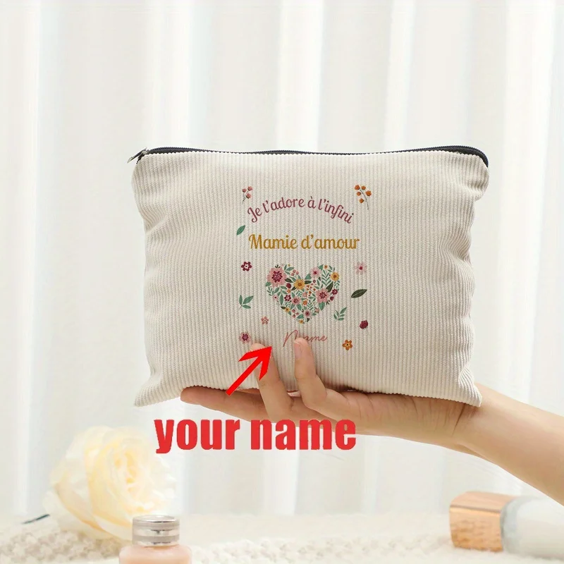 Personalized Floral Heart Design Women's Clutch Bag - Beige Polyester Zipper Purse with "Merci Maman" Appreciation Storage Bag view 4