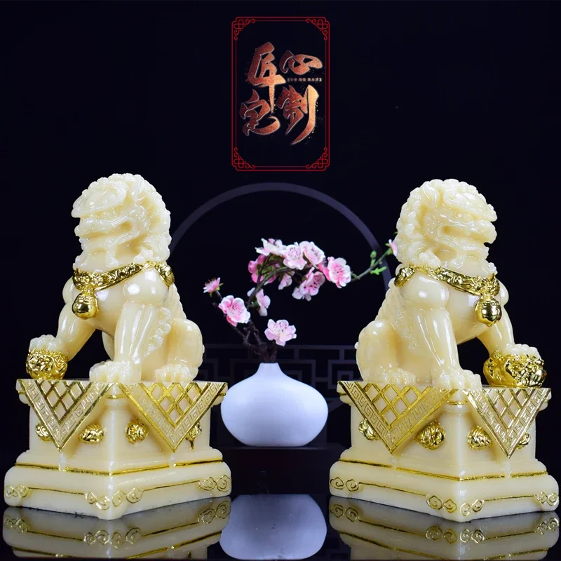 2PCS High-grade Good luck talisman statue Home store company office exorcise evil spirits safe Royal Jade lion gilding Sculpture
