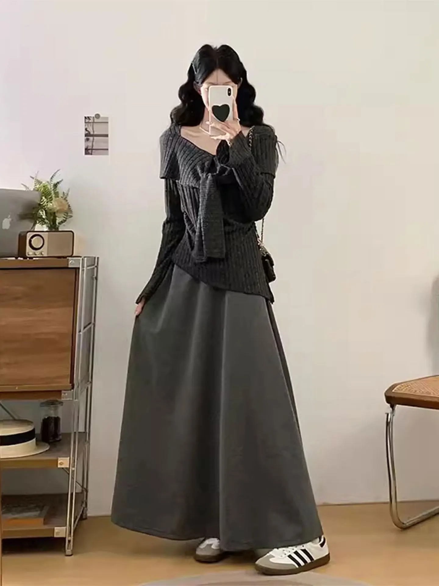 

Ele комплект из двух предметов, юбка с высокой талией, утягивающий топ, осень-зима, большие размеры, женская модная корейская версия