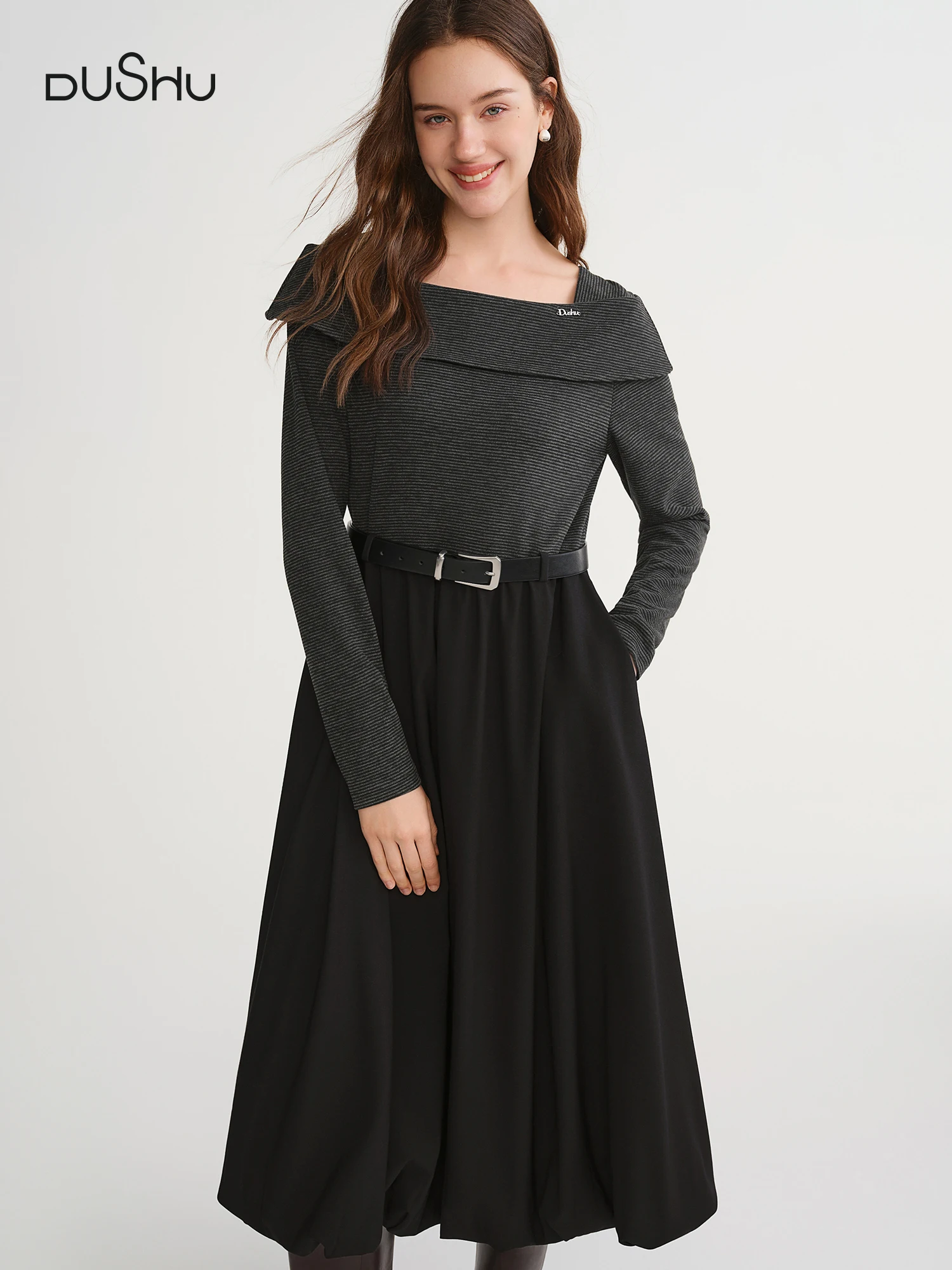 DUSHU Women's Plus Size Autumn And Winter Contrast Color Fake Two-piece Dress 2025 Winter Wear Large Swing Mid-length Dress