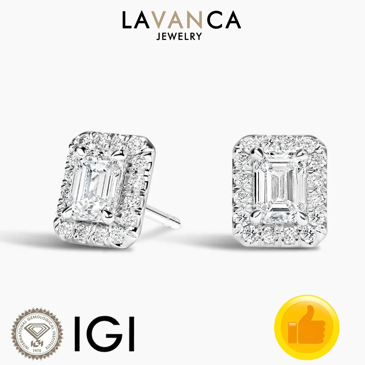 Halo Style Lab Diamond Earrings IGI Certified Emerald Cut Lab Created Diamond Stud Earrings 9K/14K/19K Solid Gold Earrings