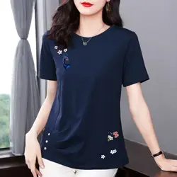 Women's T-shirt Round Neck Short Sleeve Summer 2023 New Cotton Simple Casual Fashion Versatile Folds Graphic Printing Tops