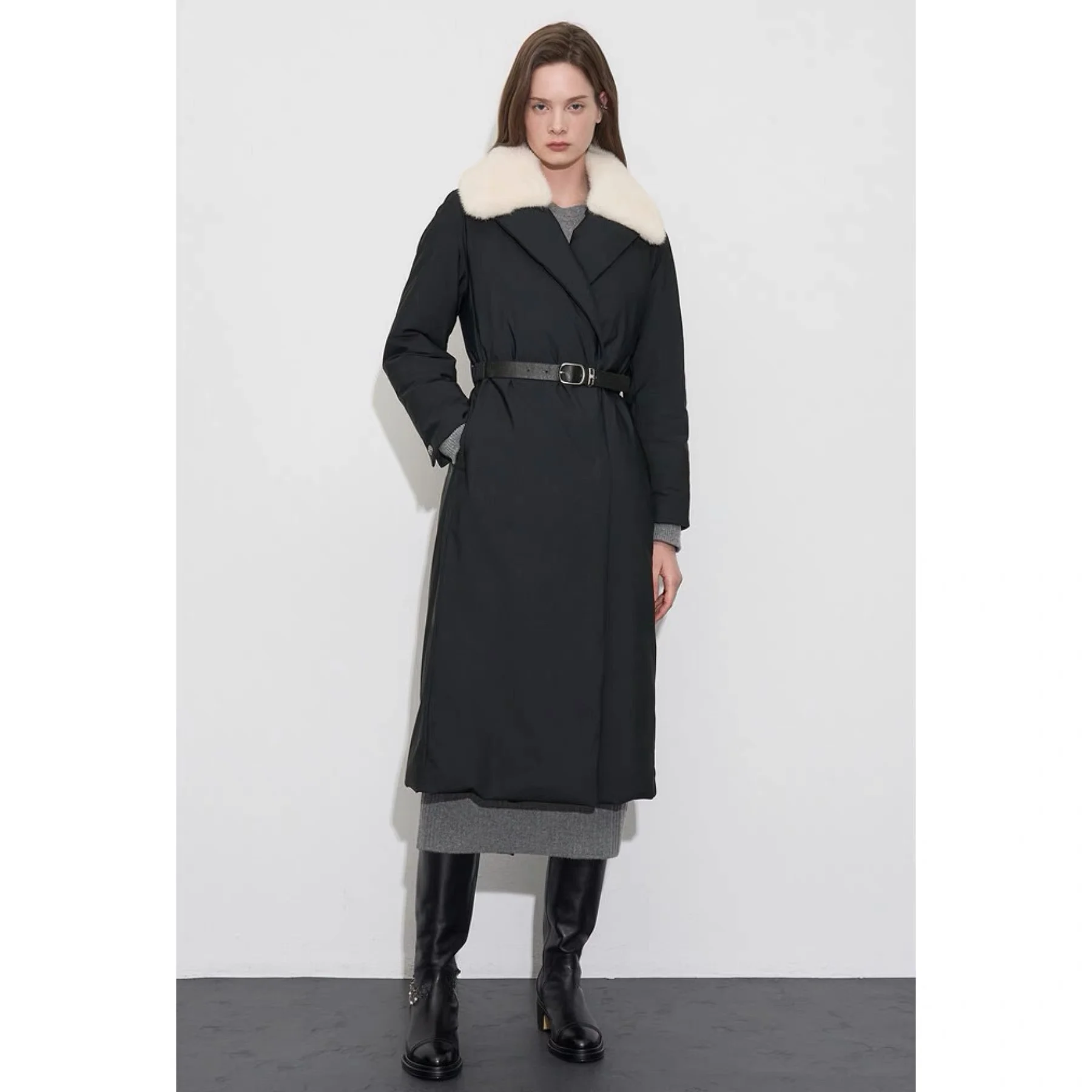 

OBZ25 Winter Long Coat Lemon Cheese Detachable Collar Waist Belt Faionable Ele Sle Commute Straight Cut Summer 2025