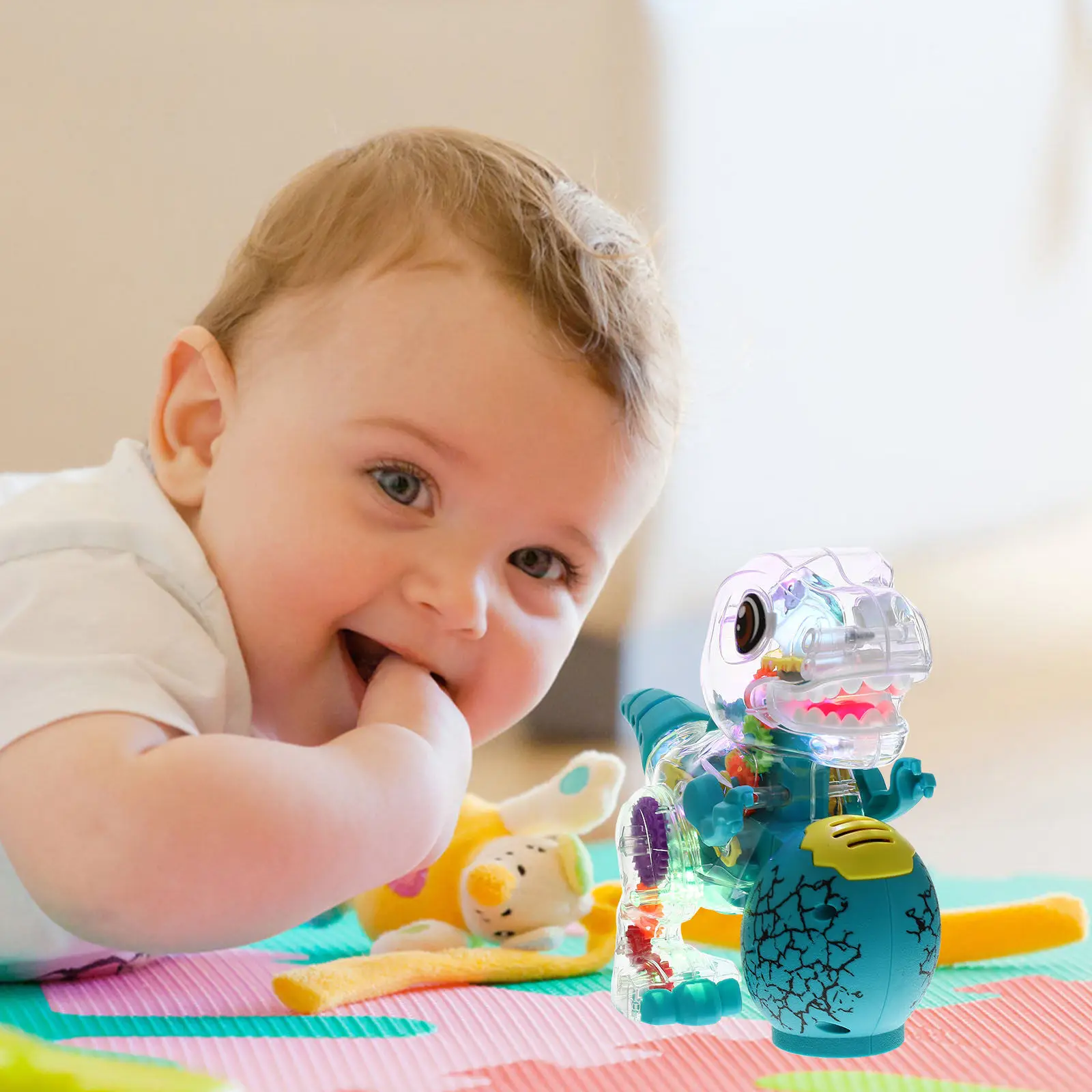 

Electric Walking Dinosaur with Transparent Gear Structure Music Flashing Lights Auto Turn Function Educational Cognitive