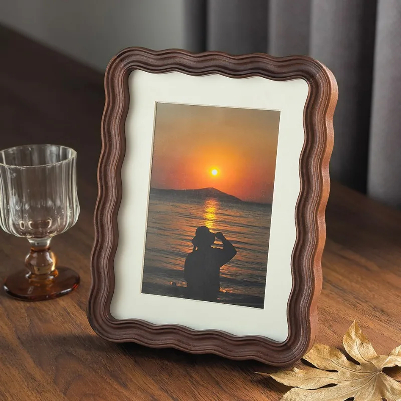 North American Black Walnut Wood Flowing Wave Solid Wood Round Corner Photo Frame Creative Border Desktop Ornament Decor Frame