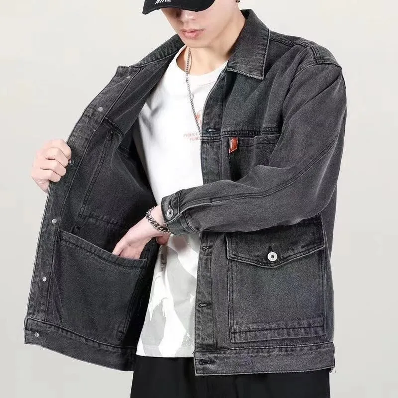 Men's Workwear Denim Jacket Loose Fit Multiple Pockets Durable Cotton Long Sleeve Youthful Workwear Spring Autumn